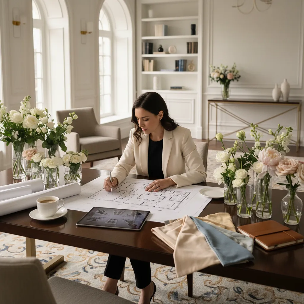 Wedding decorator reviewing stage design and decoration checklist with venue layout