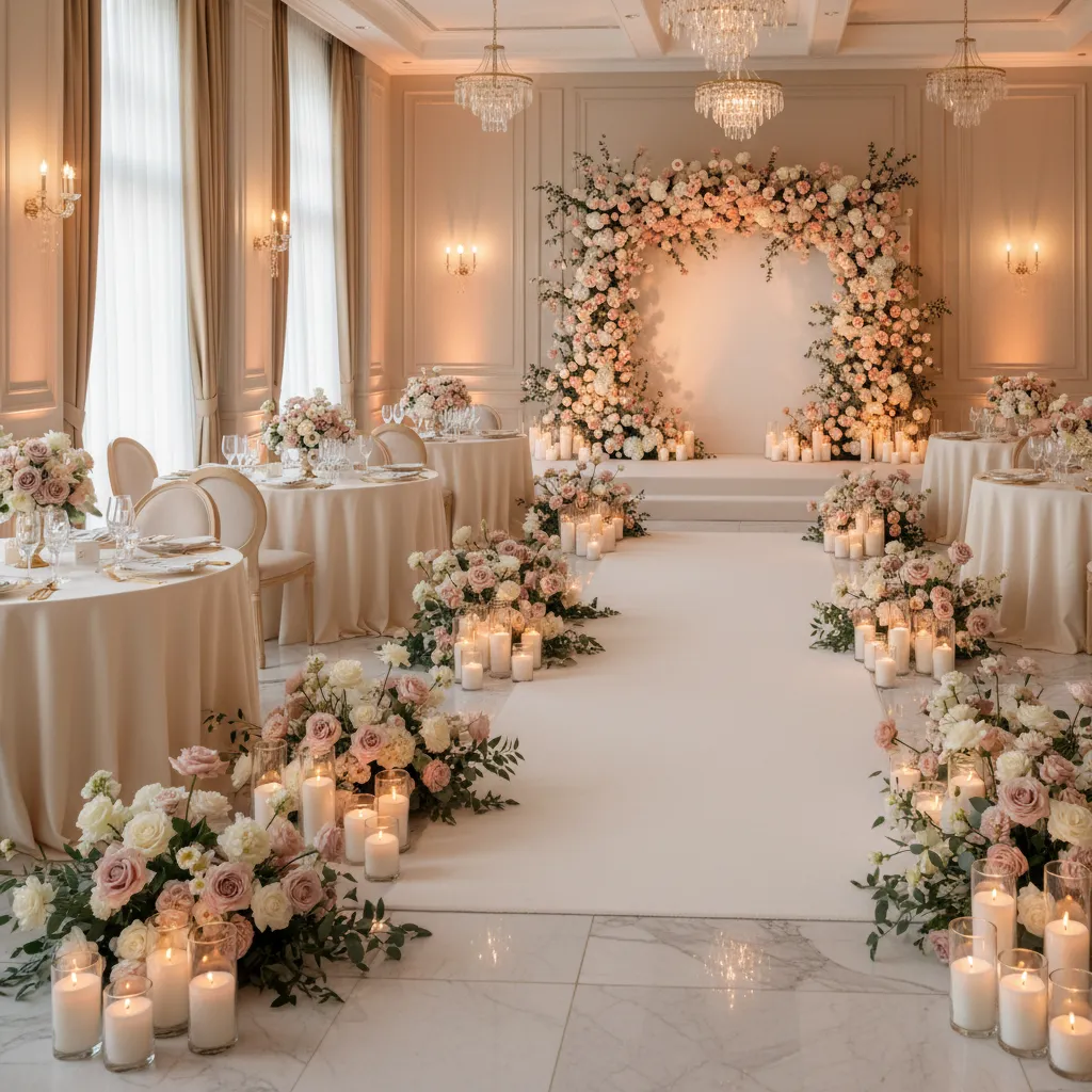 Indoor wedding aisle with pink flowers candles round tables and floral arch under ceiling lights