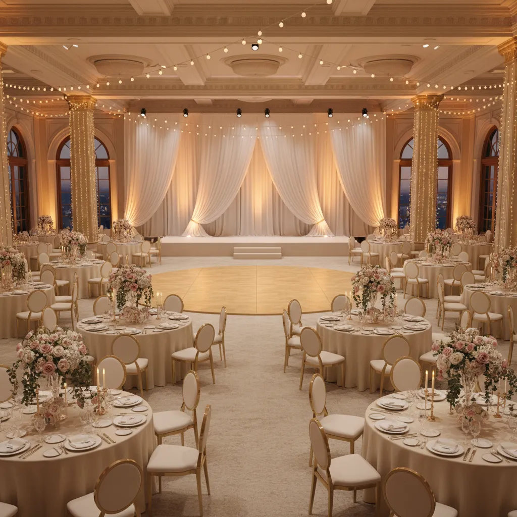 wedding decoration setup showing lighting backdrop and table arrangements