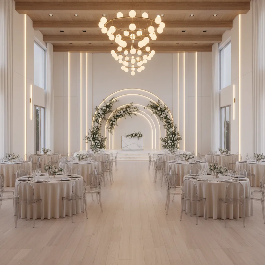 Wedding hall showing decorated stage and minimal surrounding decor