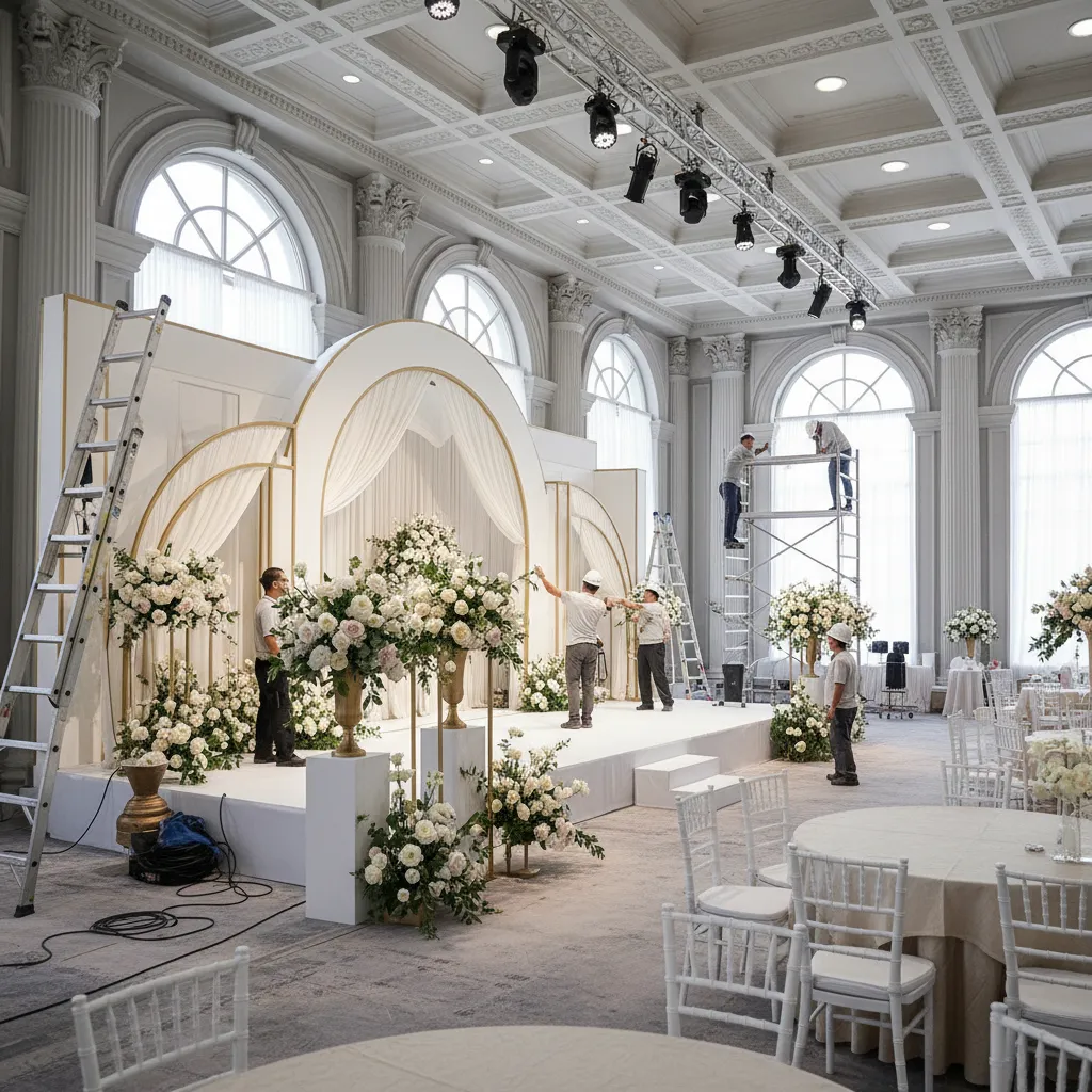 Wedding decorators installing stage backdrop and floral elements in large hall