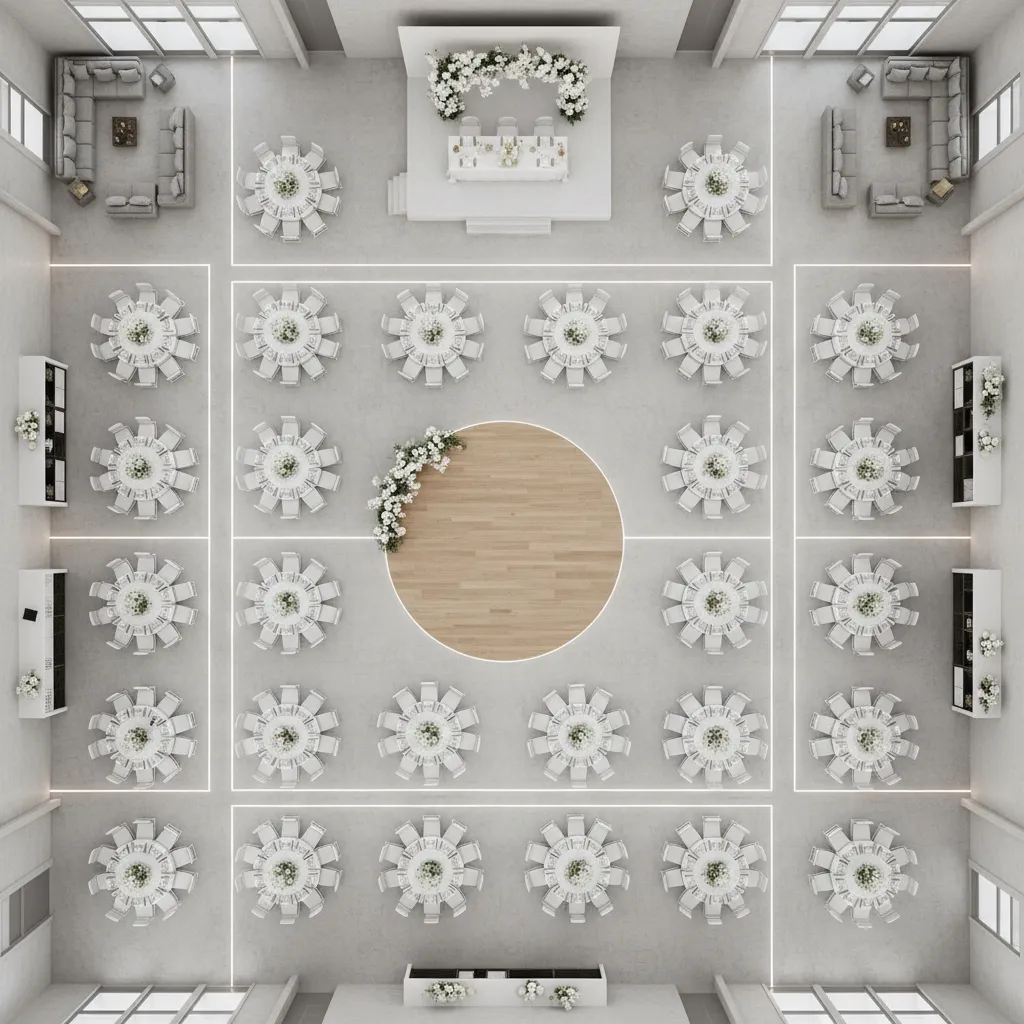 wedding floor plan highlighting clear aisles and circulation paths