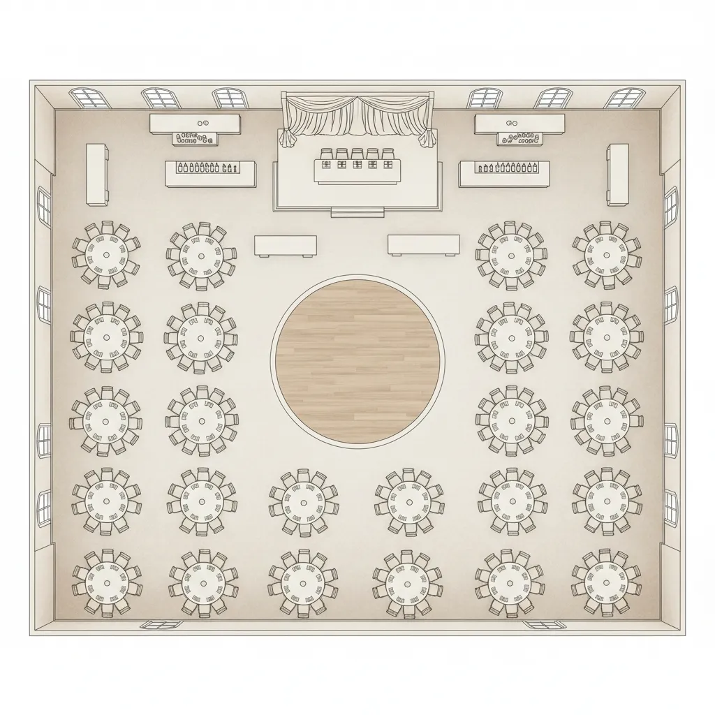 top view wedding floor plan with round tables dance floor and stage layout