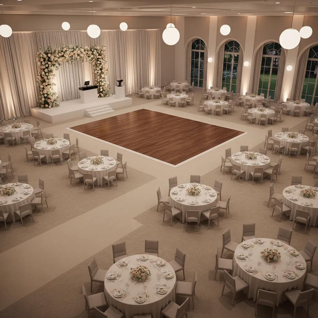 3D wedding floor plan visualization showing tables stage and guest circulation