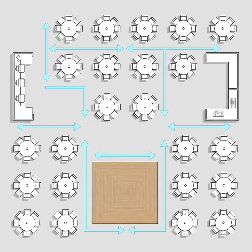 Diagram style reception layout highlighting walking paths between bar, buffet, and tables
