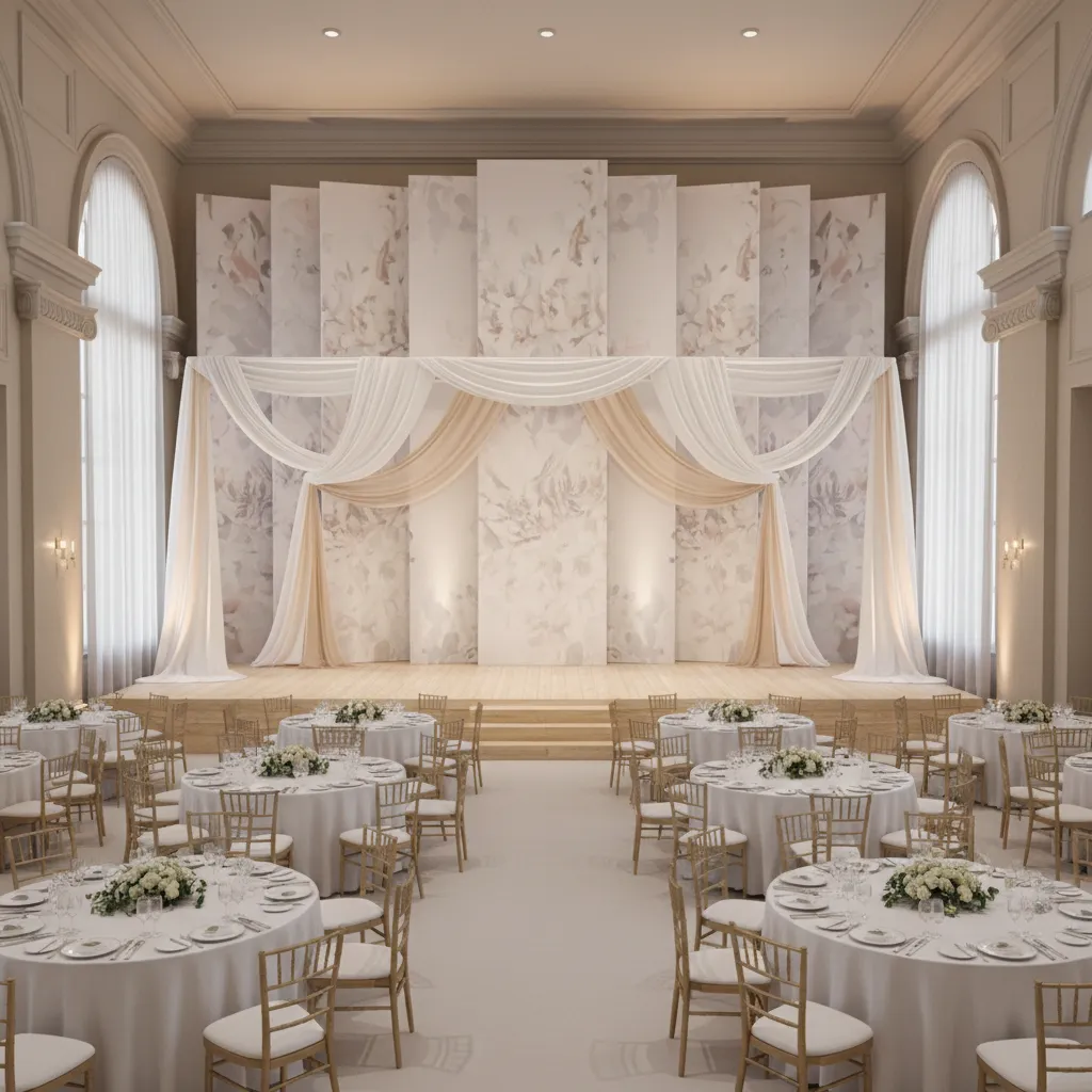 wedding hall with lightweight backdrop panels and decorative drapes setup