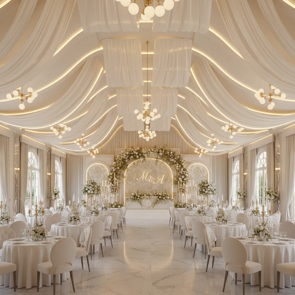 Wedding hall interior with chiffon draping and simple stage decor