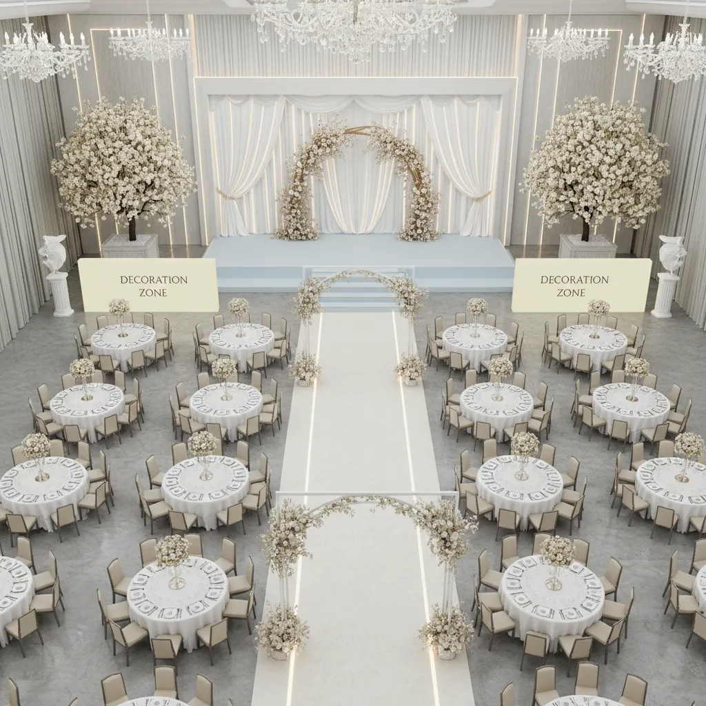 Wedding hall layout planning showing stage, seating zones, and decoration areas