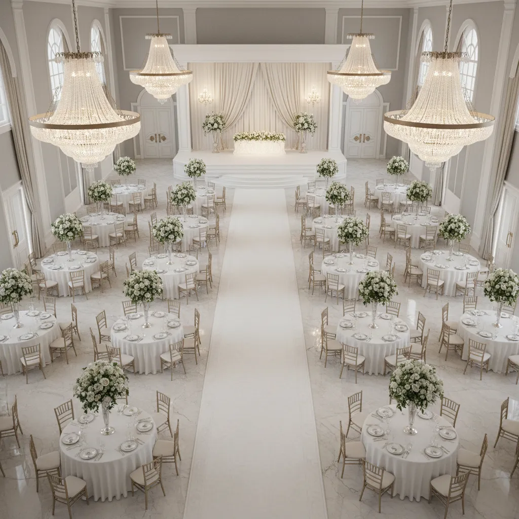 Wedding hall layout showing stage, entrance walkway and seating decoration zones