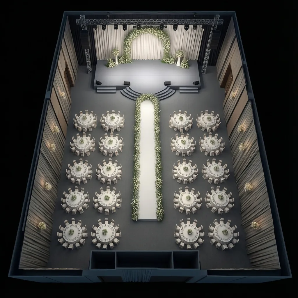 wedding hall floor layout planning with stage entrance and seating zones