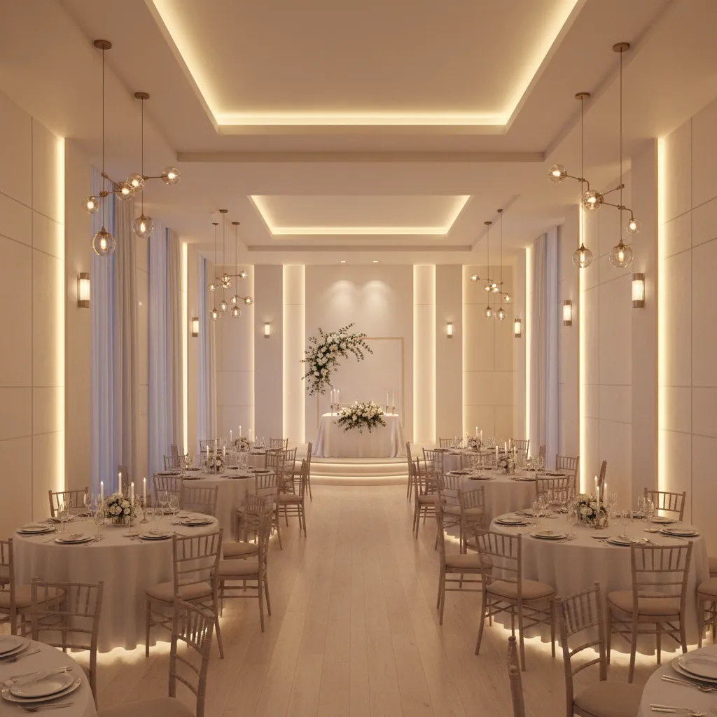 Small wedding hall with uplighting that visually expands the space