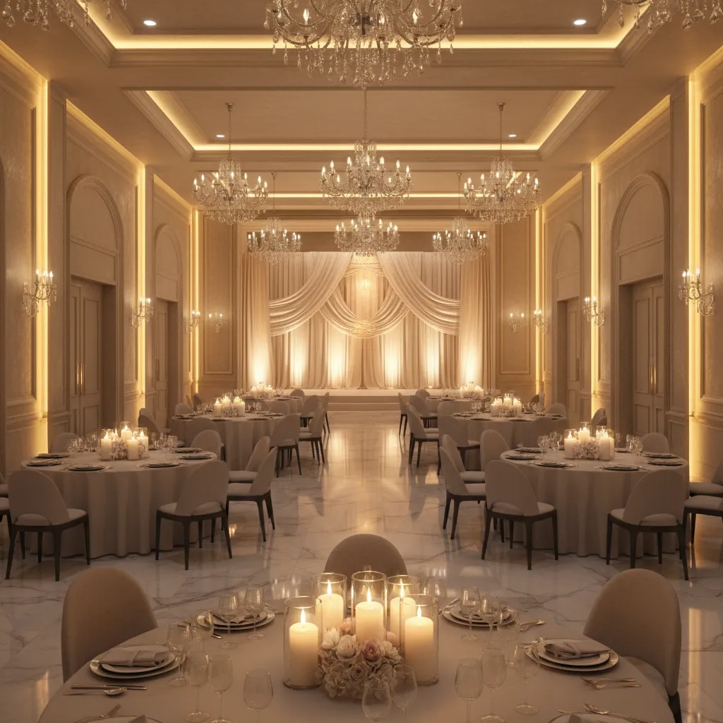 wedding hall with warm uplighting improving atmosphere