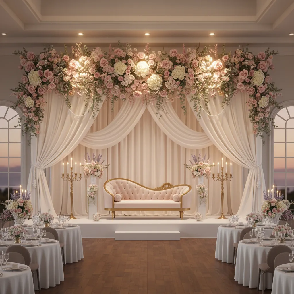 Wedding hall stage decoration with floral backdrop and elegant lighting setup