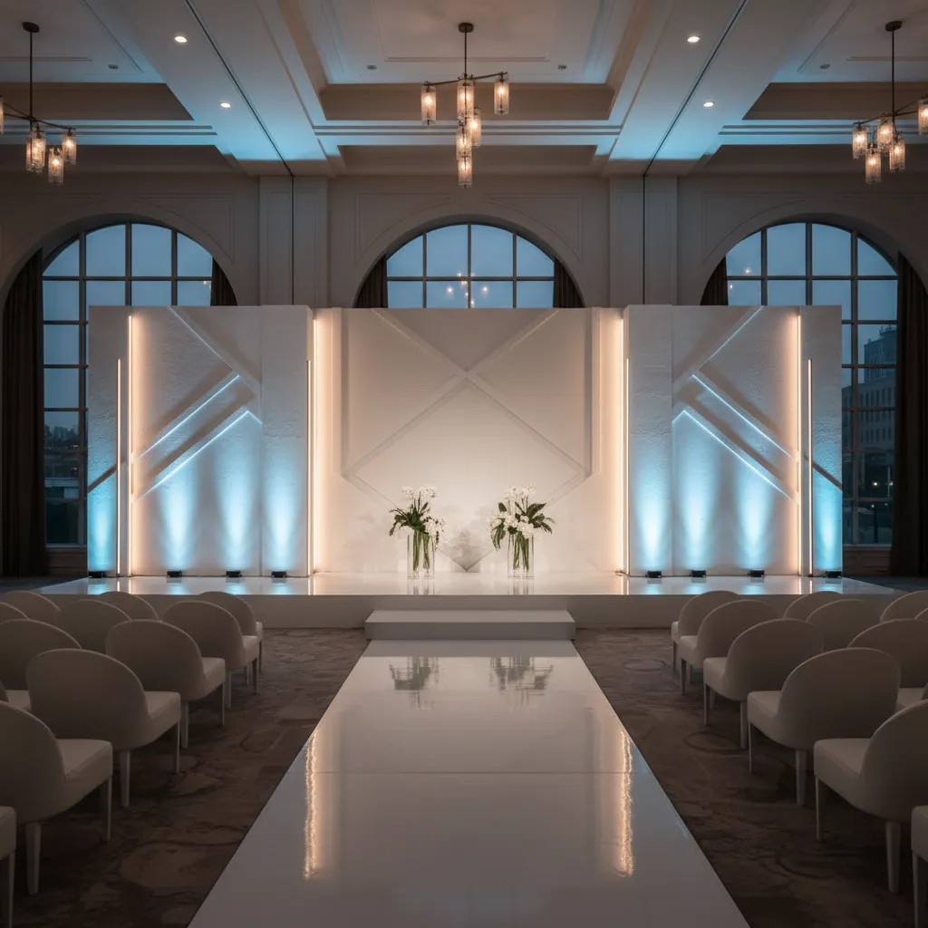 Wedding hall stage with dramatic lighting and minimal decorations