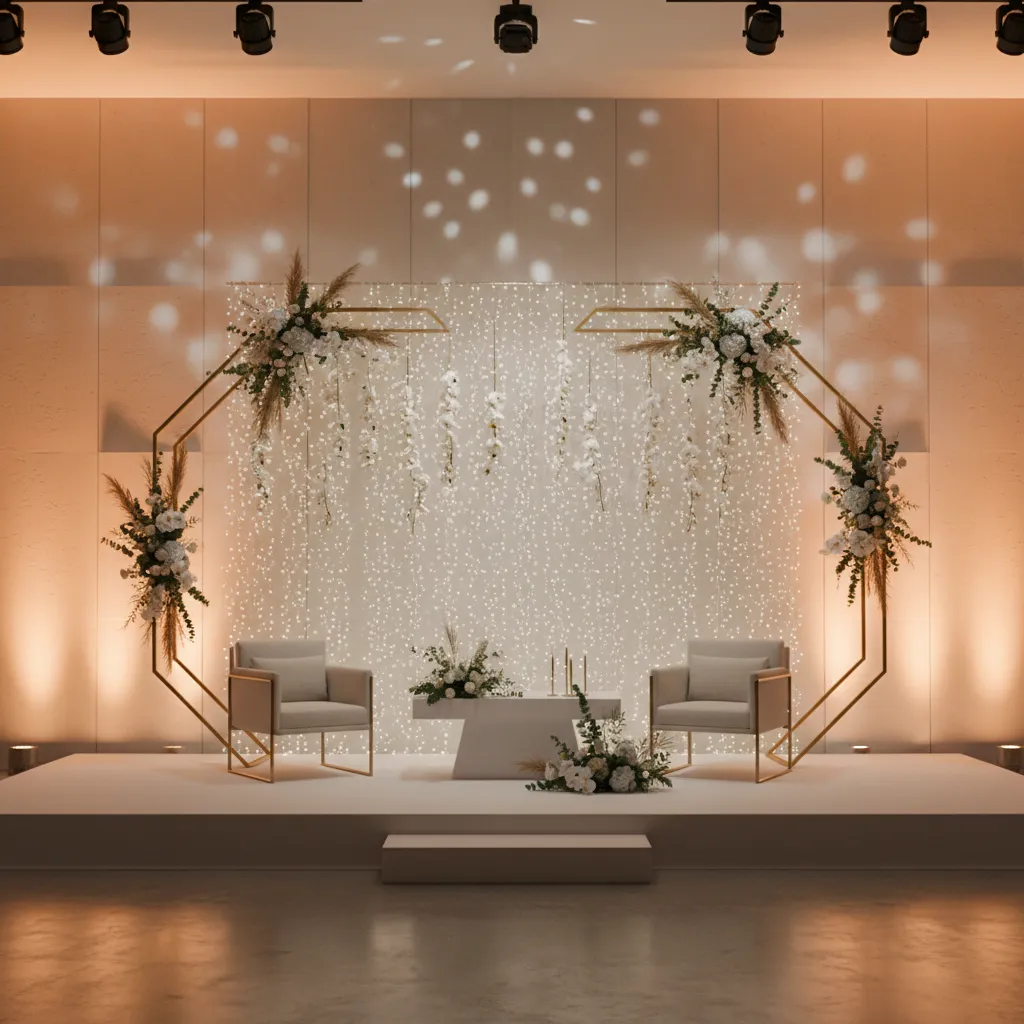 Wedding stage decorated with warm lighting instead of heavy floral arrangements