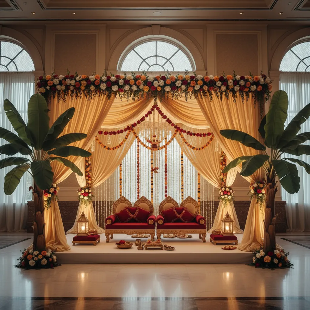 Wedding mandap decorated with artificial banana trees and flowers