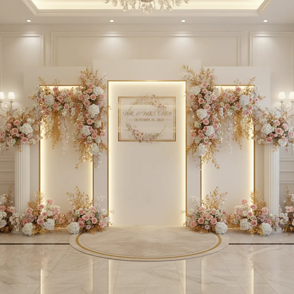 Wedding entrance photo backdrop wall with floral decorations