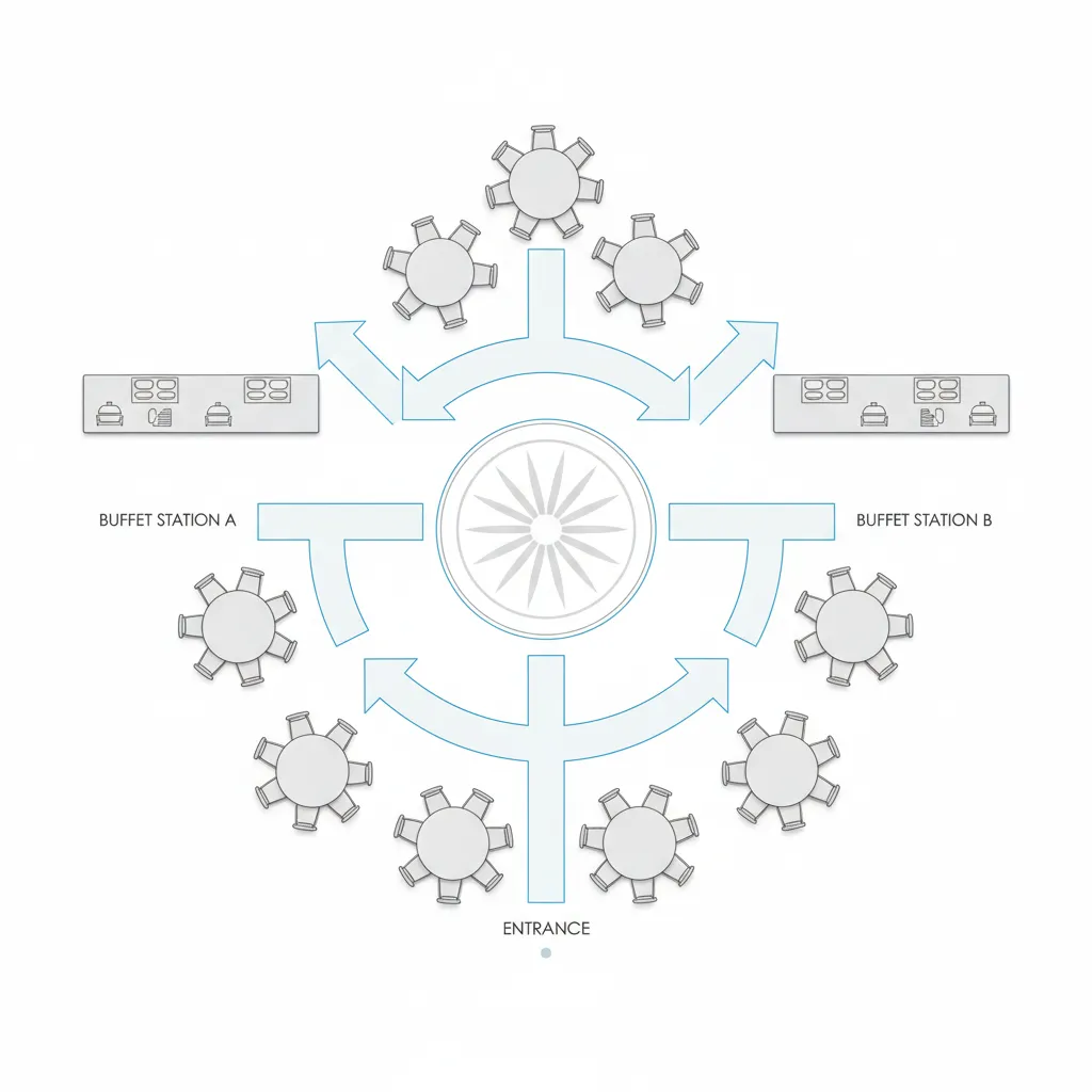 diagram showing guest flow paths in a wedding reception layout