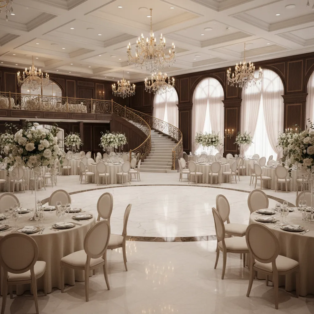 wedding reception room layout with dance floor and banquet tables