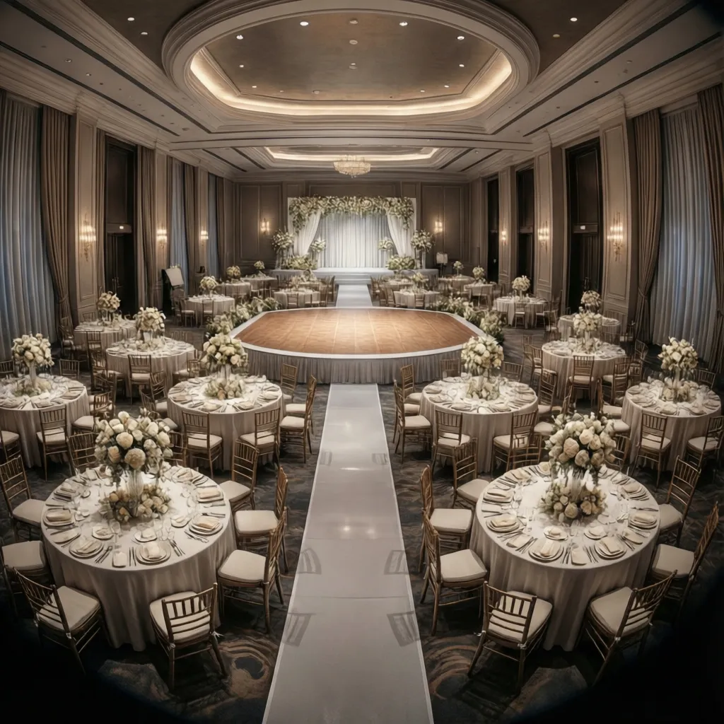 Wide view of wedding reception layout showing tables dance floor and circulation space