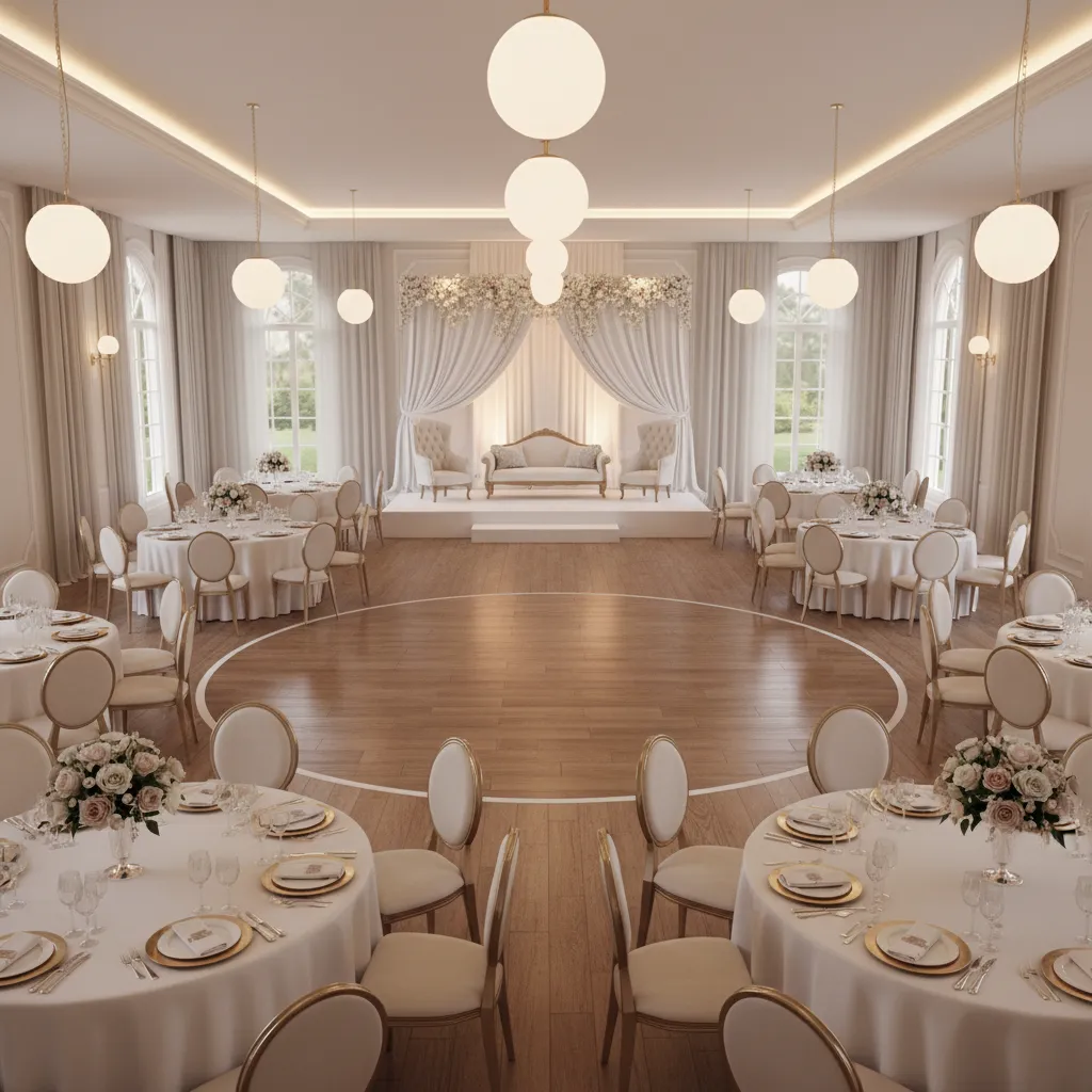 wedding reception hall layout with round tables and dance floor