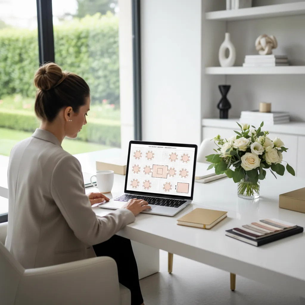 planner designing wedding reception layout on laptop with floor plan software
