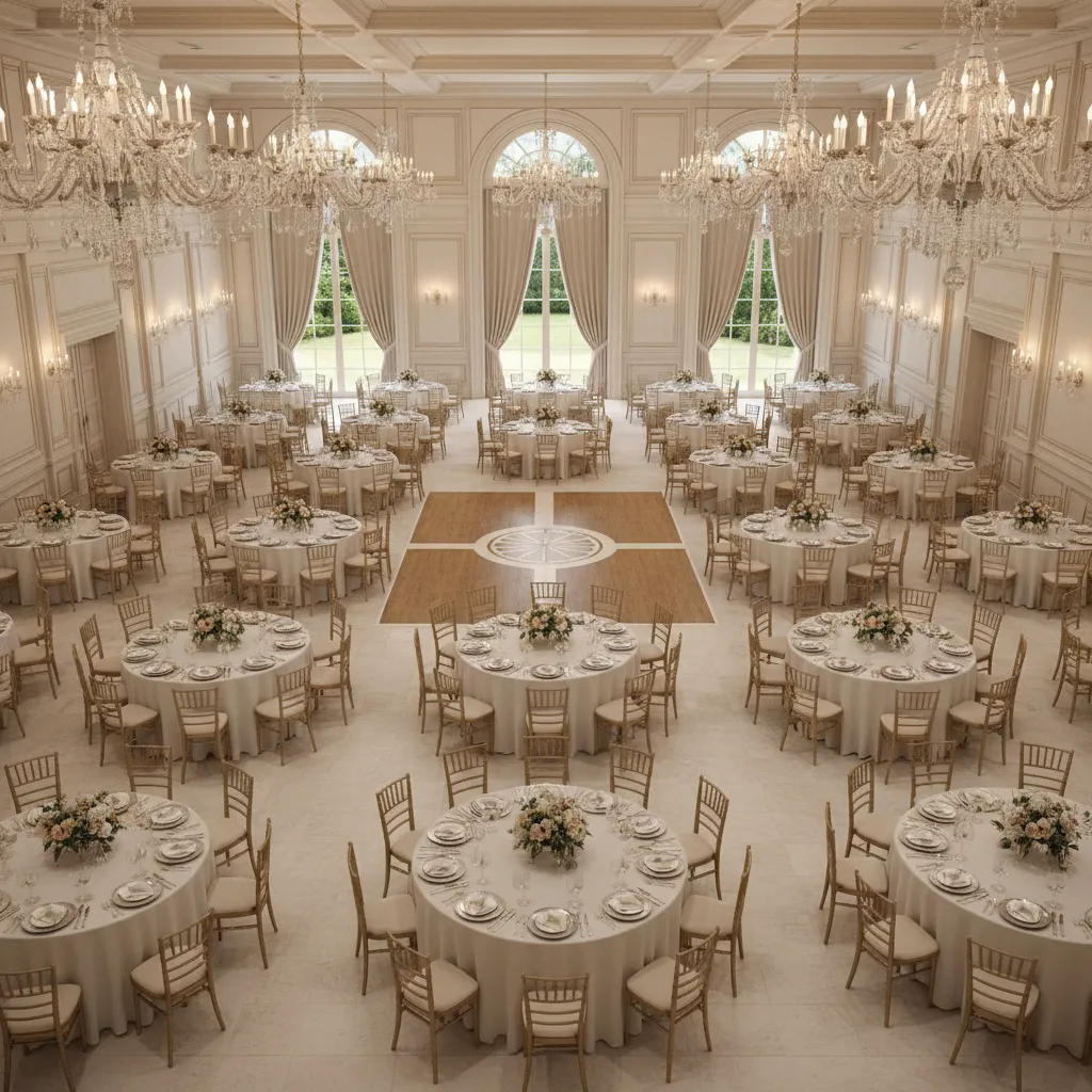 Wedding reception hall showing table layout and dance floor arrangement