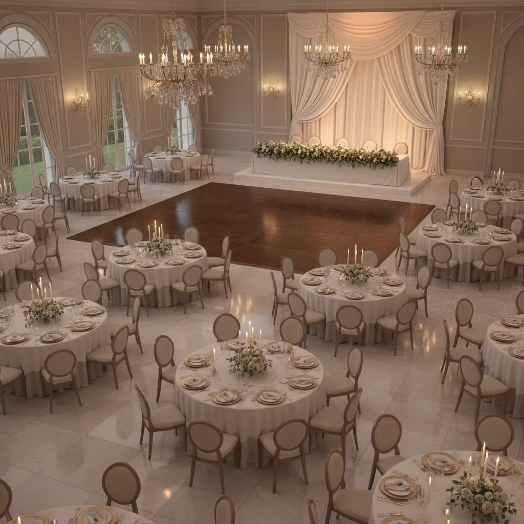 wedding reception floor plan with round tables dance floor and head table