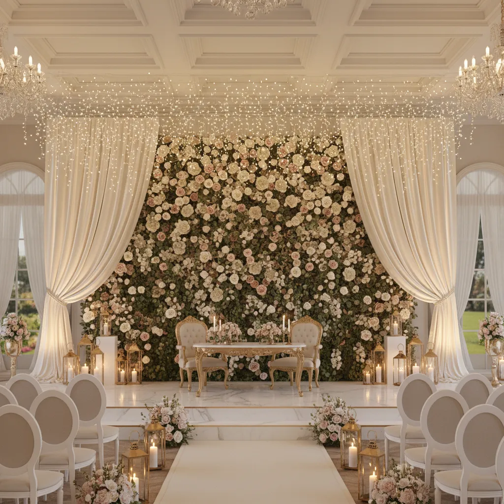 Wedding stage decoration with floral backdrop and lighting setup