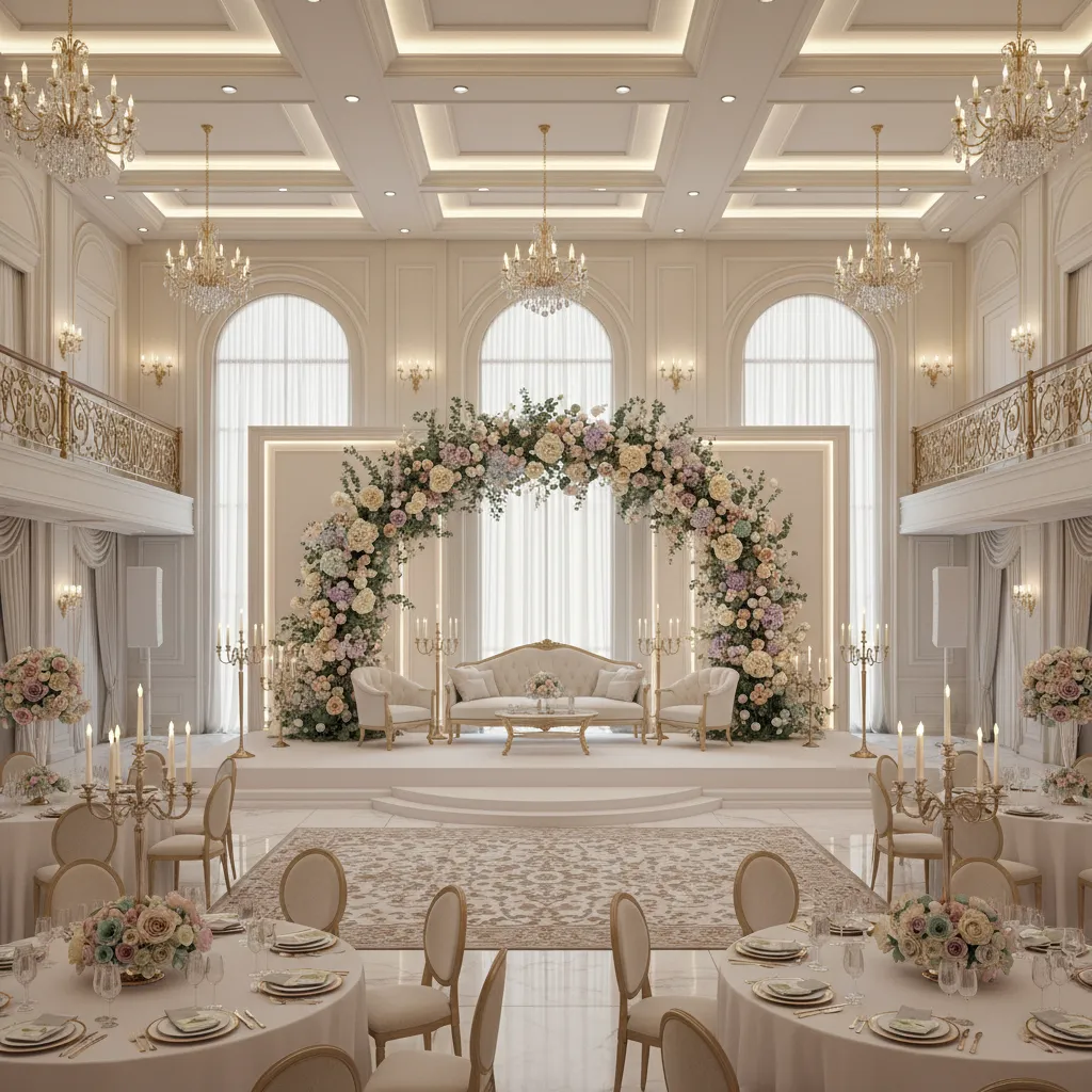 Large wedding hall stage with floral backdrop showing scale and seating area