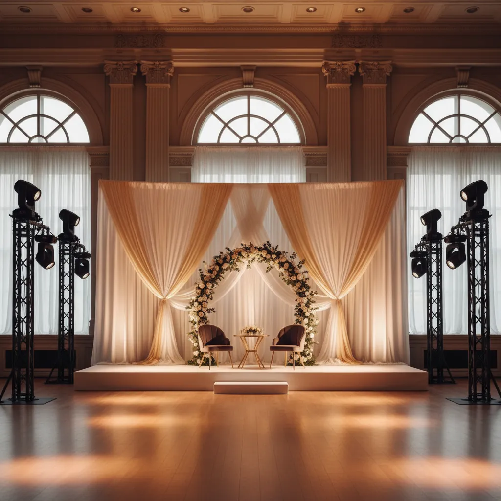 wedding stage lighting positioned safely away from decorative fabric draping