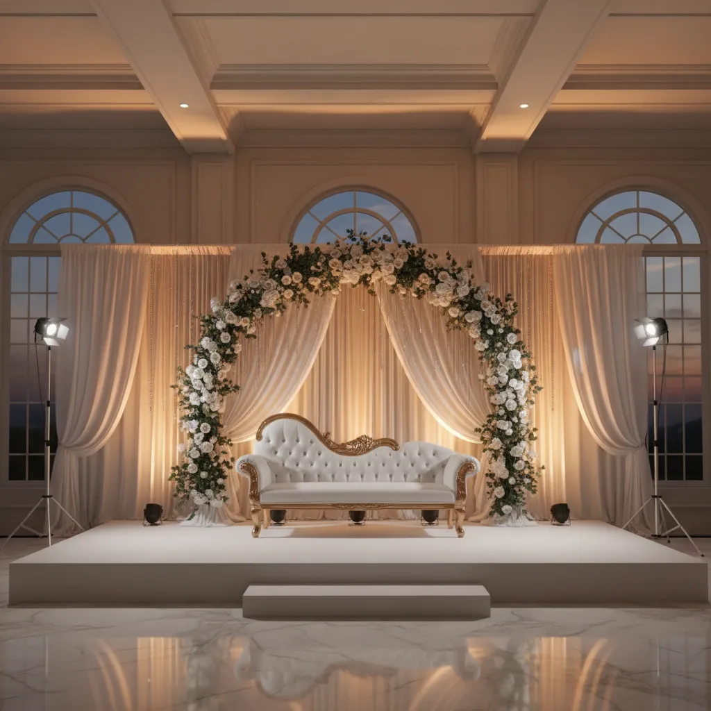Professional wedding stage lighting setup with front soft lights and backlights