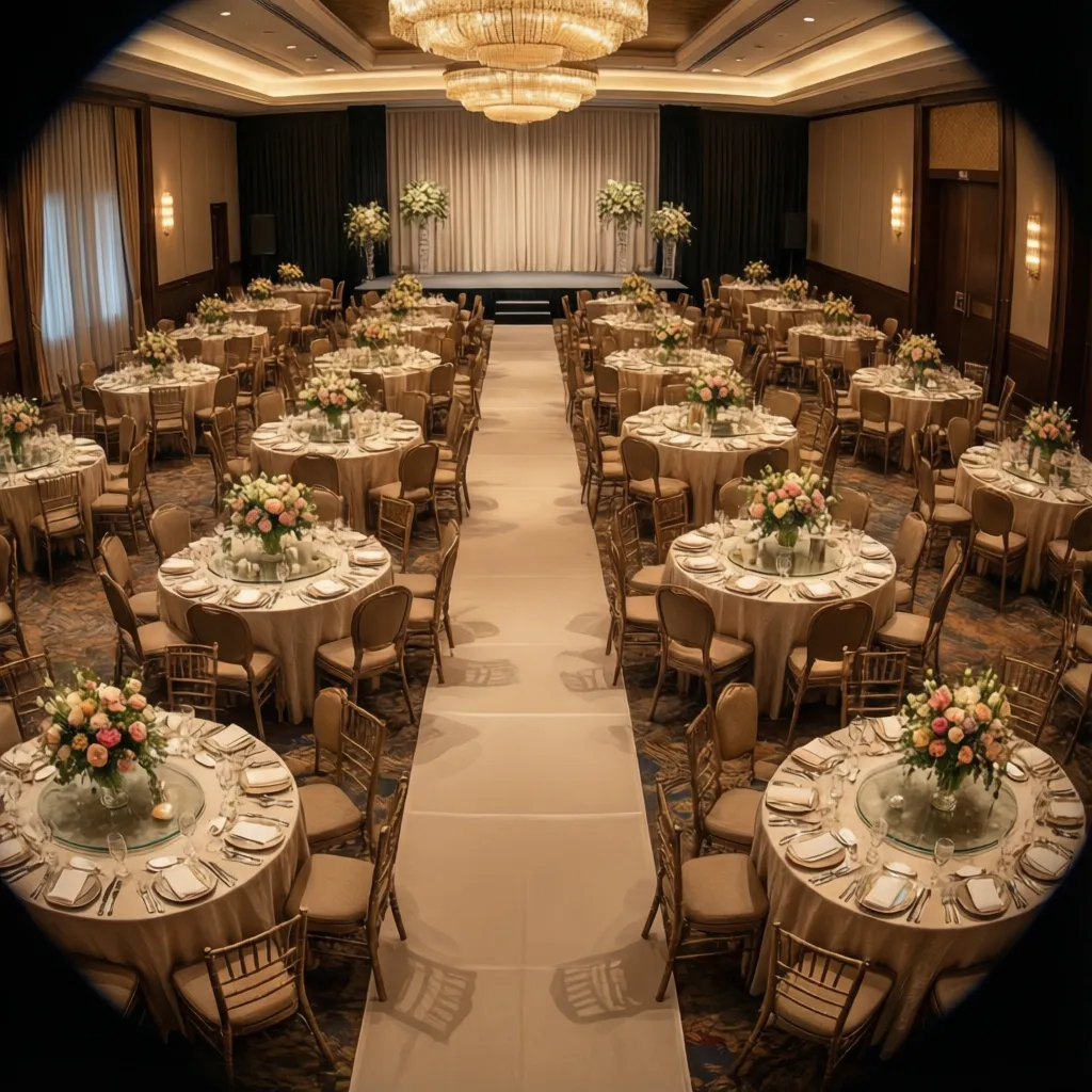 Clustered round table wedding seating arrangement encouraging guest interaction