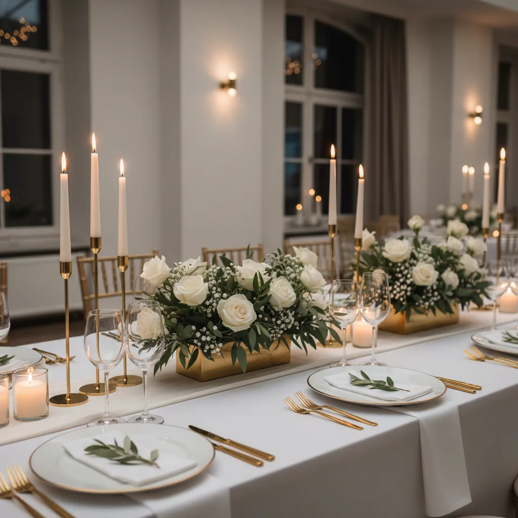 Long wedding table with white roses gold boxes tall candles gold cutlery and white plates
