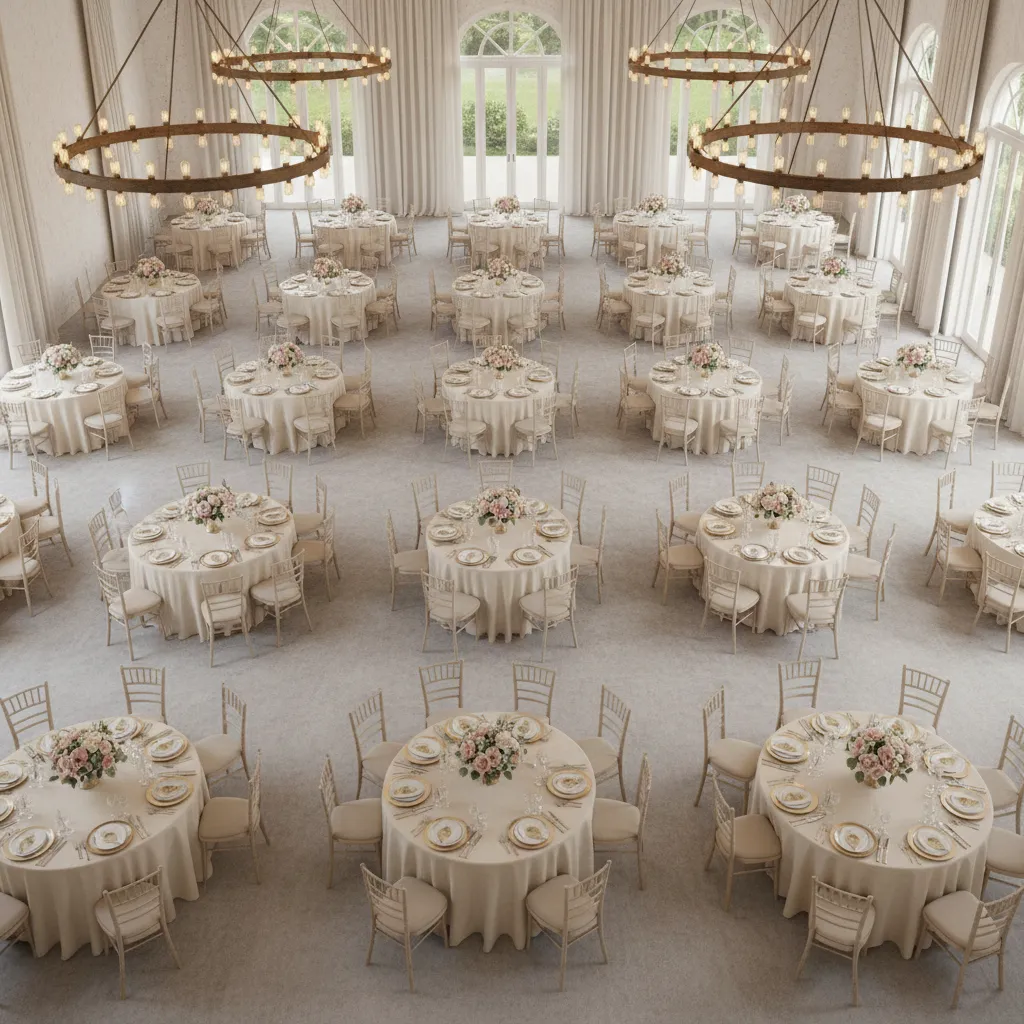 Wedding reception table spacing with comfortable guest movement paths