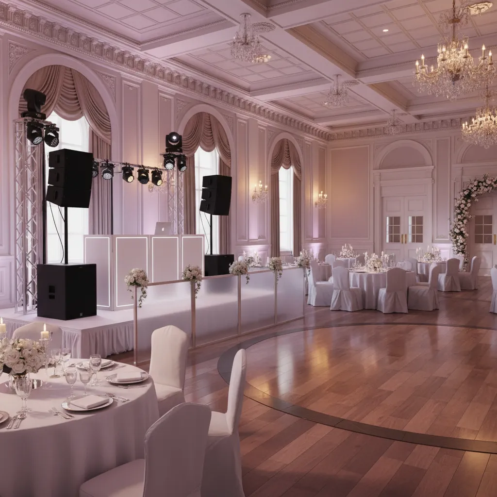 wedding reception dj booth and equipment area with clear buffer space