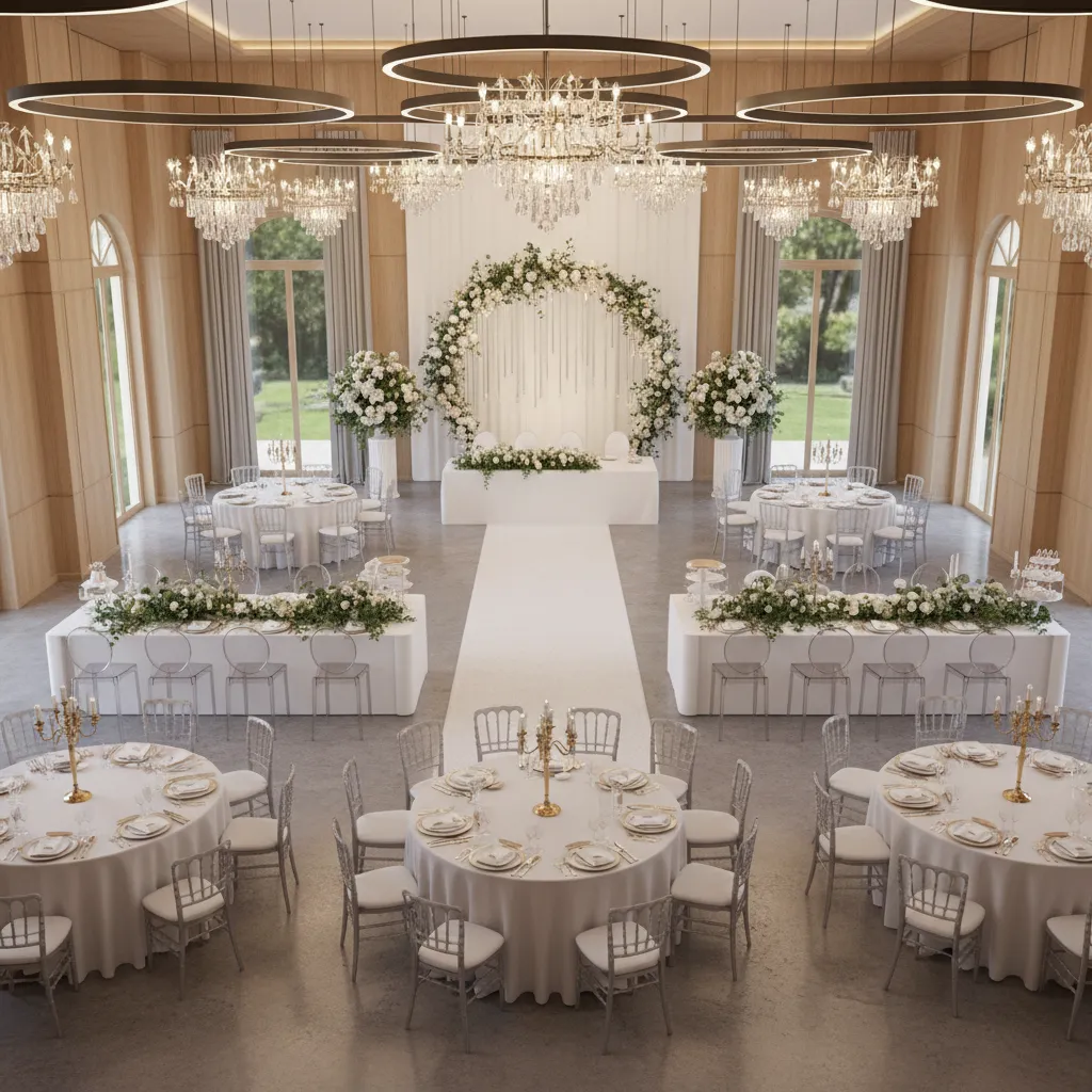 wedding hall layout showing ceremony backdrop and table arrangement zones