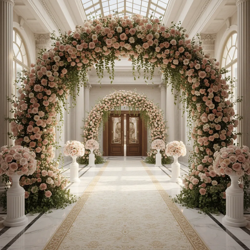 Wedding venue entrance with large floral arch and carpet walkway