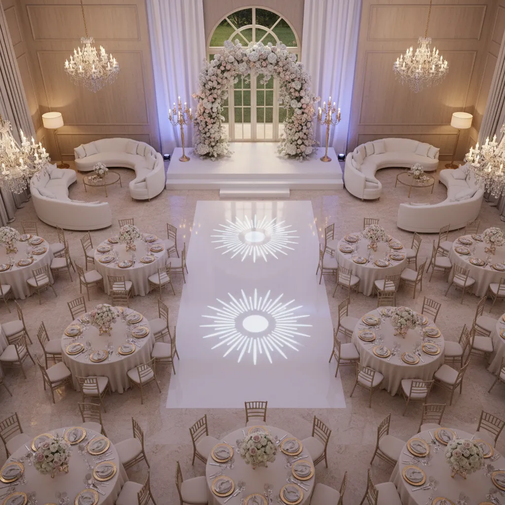 Wedding venue layout showing stage tables and decoration zones
