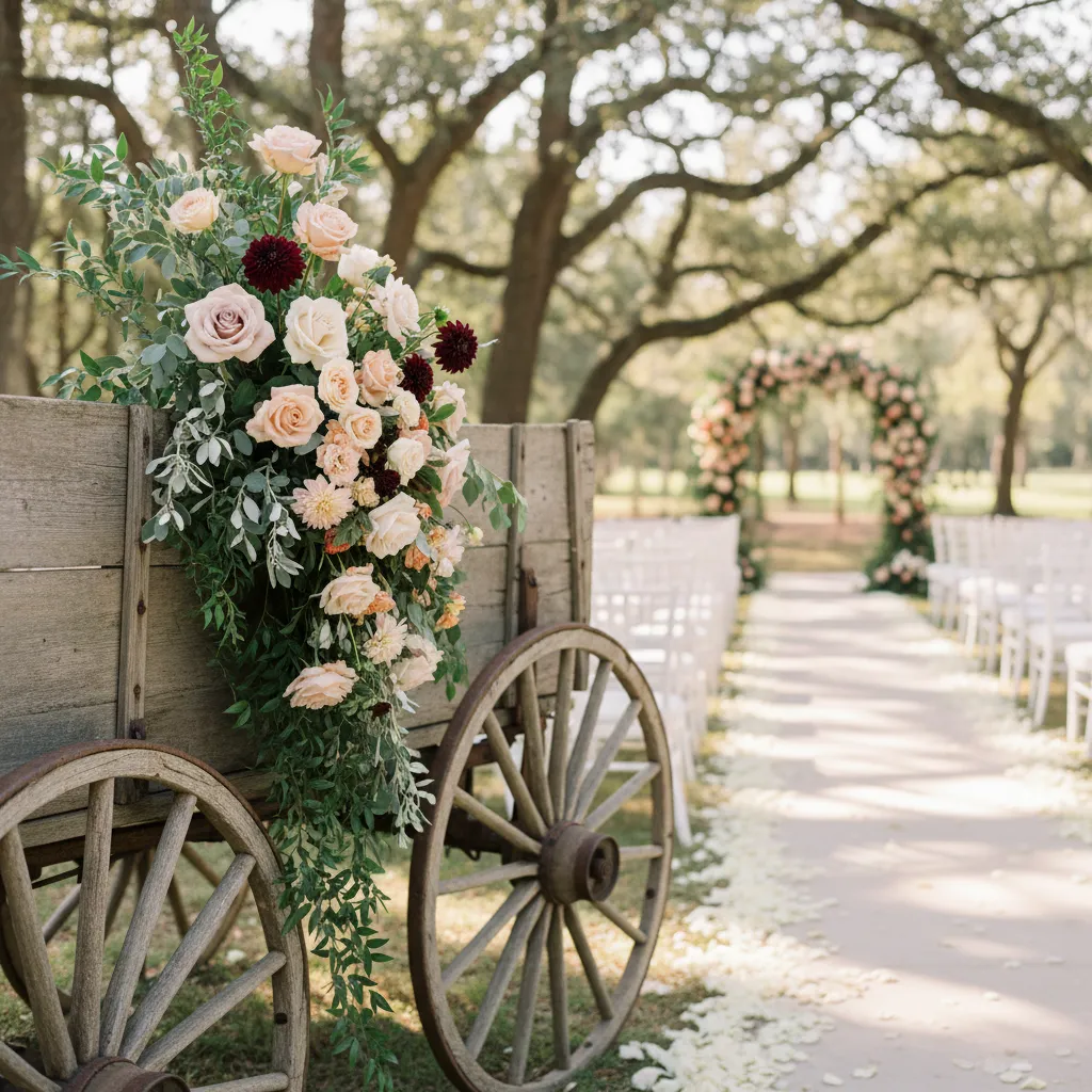 Asymmetrical floral design on a rustic wedding wagon