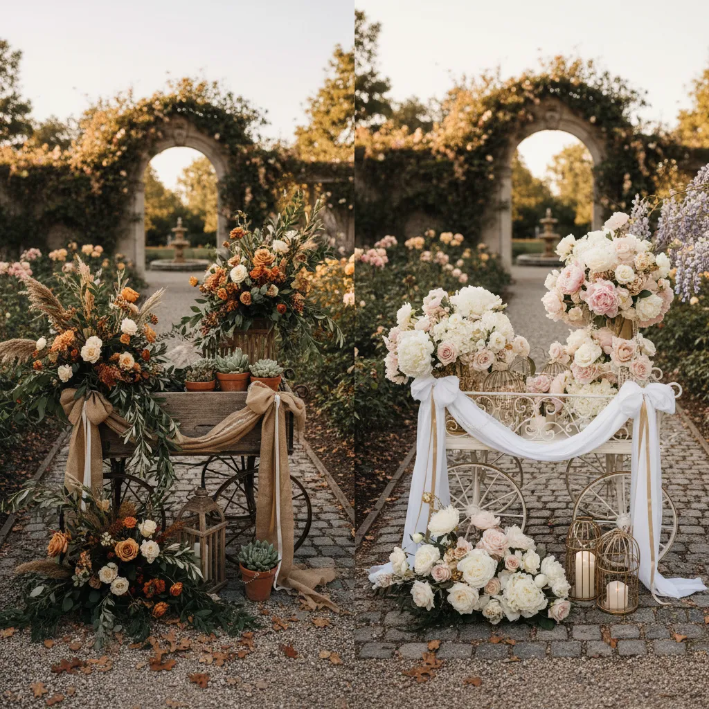 Comparison of rustic and elegant wedding color palettes on decorative wagons