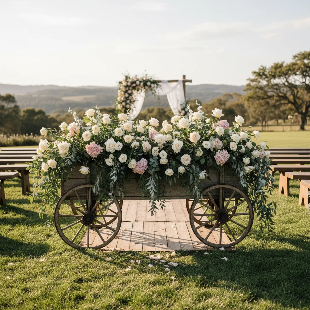 Decorated wedding wagon with roses and eucalyptus at outdoor ceremony