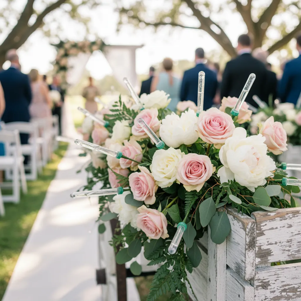 fresh wedding wagon flower arrangement using water tubes to keep flowers hydrated