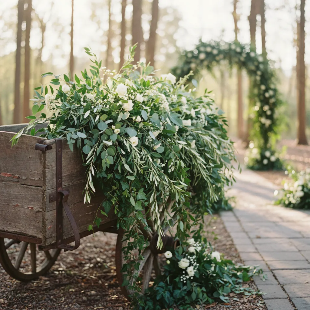 Wedding wagon decorated with eucalyptus olive branches and ivy greenery