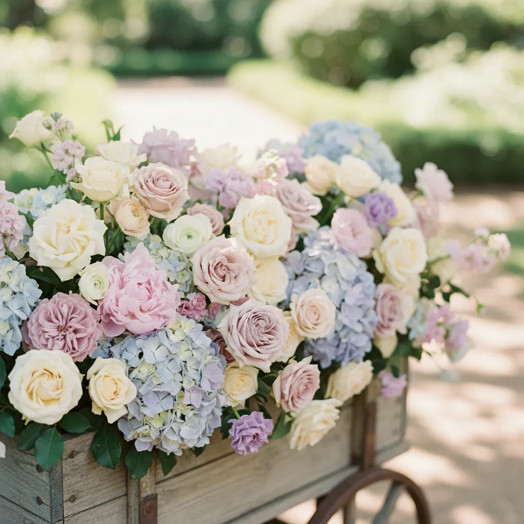 Close view of roses ranunculus and peonies used in wagon floral decorations
