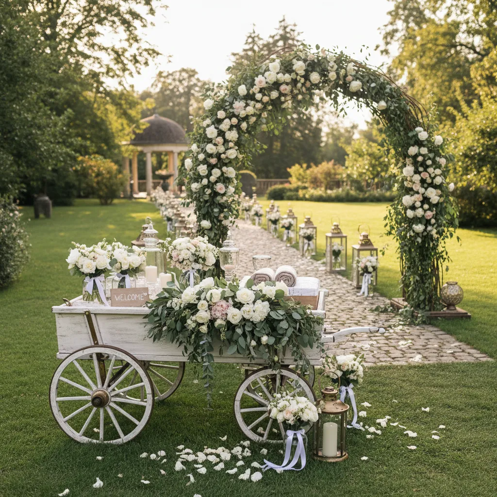 Wedding wagon decoration coordinated with overall ceremony theme and florals