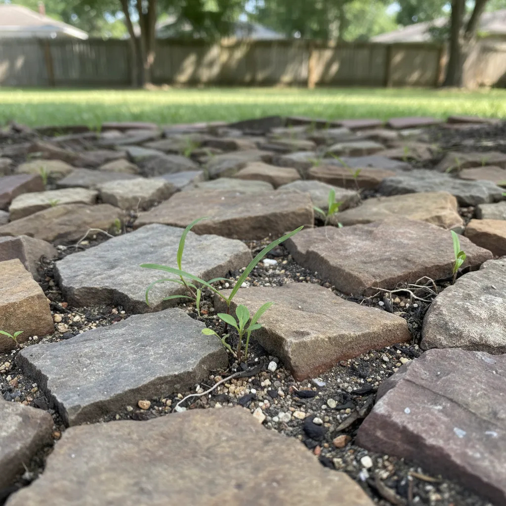 garden bed with decorative rocks where small weeds grow between stones due to debris buildup