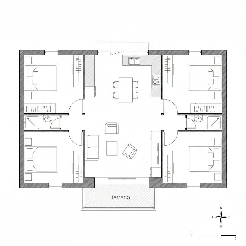 Plano arquitectónico simple de casa de fin de semana con zona social central