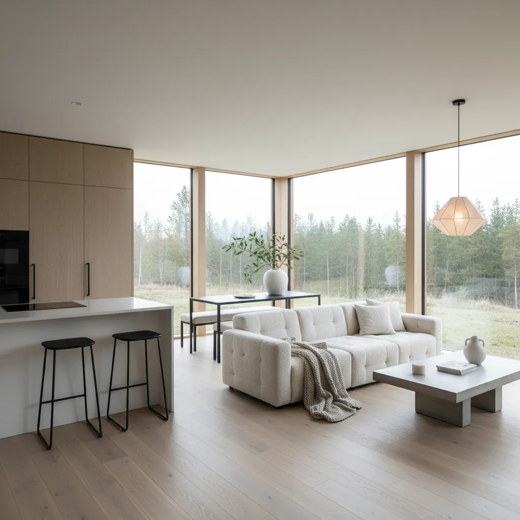 Interior de casa de fin de semana con cocina y salón en espacio abierto