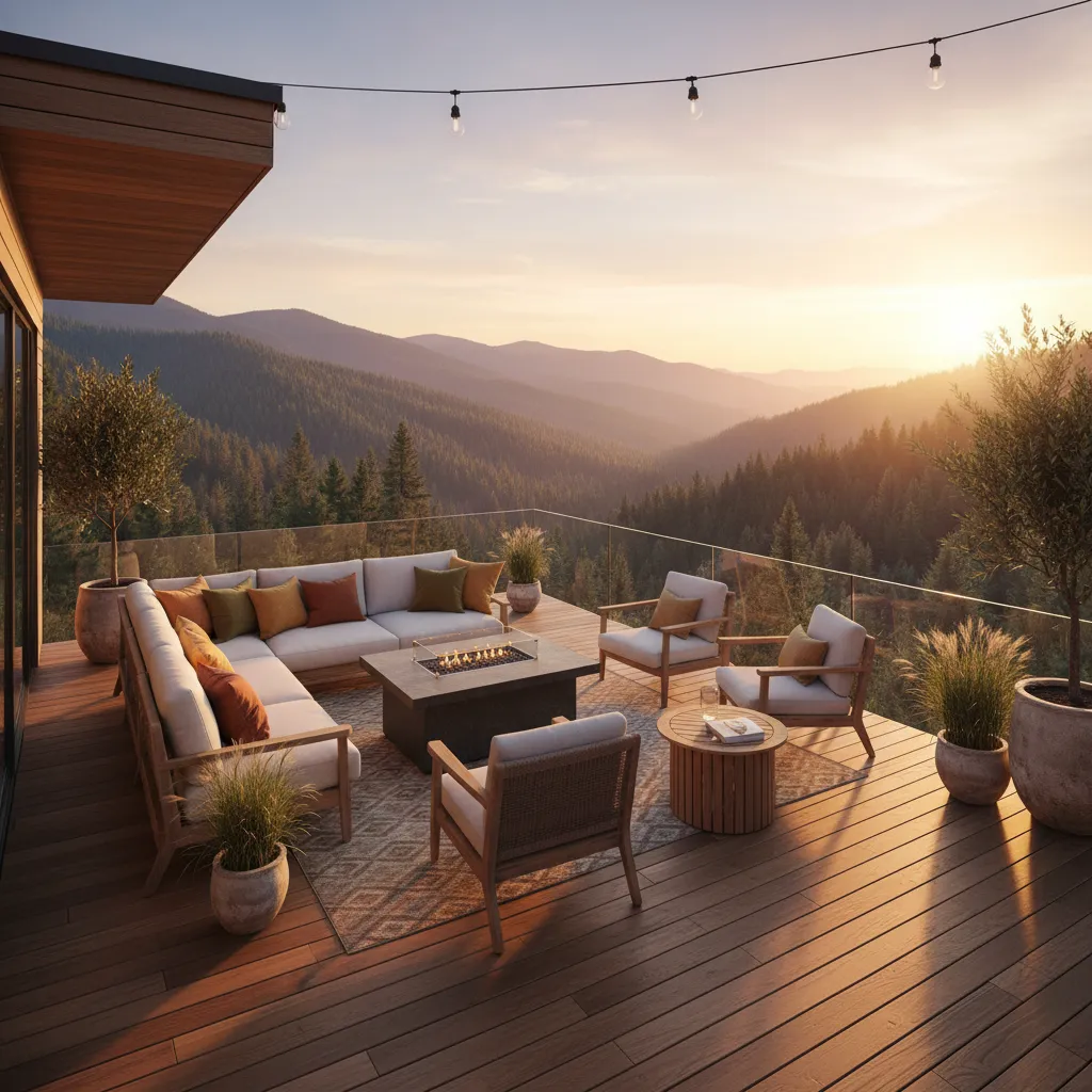 Terraza amplia de casa de fin de semana con vista natural